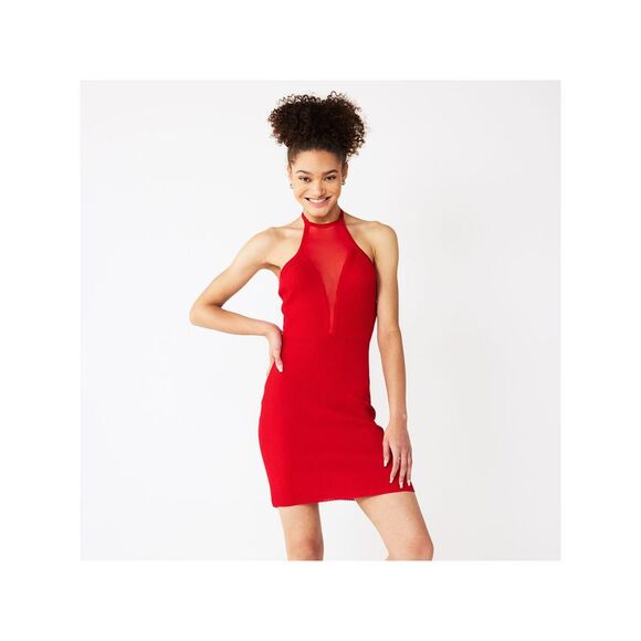 ALMOST FAMOUS Womens Red Tie Mesh Inset Unlined Sleeveless Mini Body Con Dress L - Picture 1 of 1